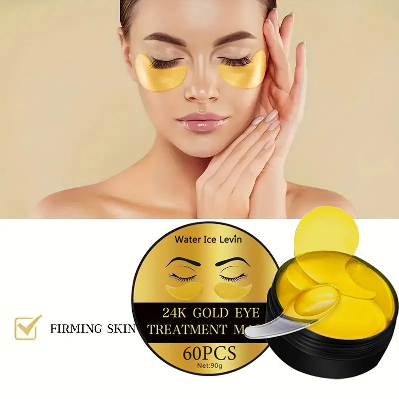 Woman wearing gold eye masks with a container of 24K gold eye treatment masks below.