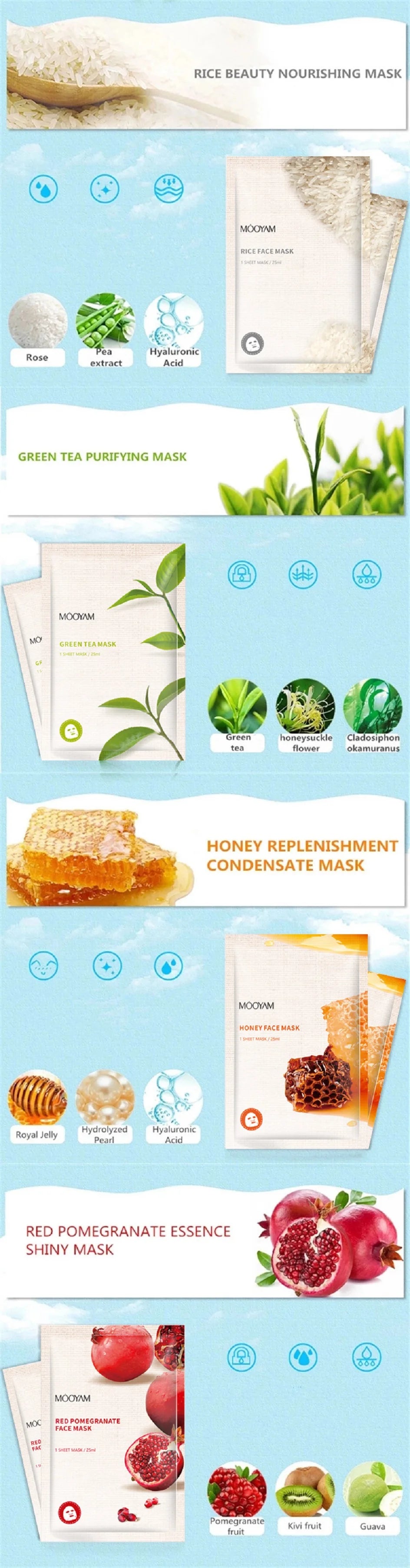 10pcs Fruit Plant Facial Mask Korean Skincare Product Moisturizing Hydrating Face Natural Fruit Plant Facial Sheet Mask