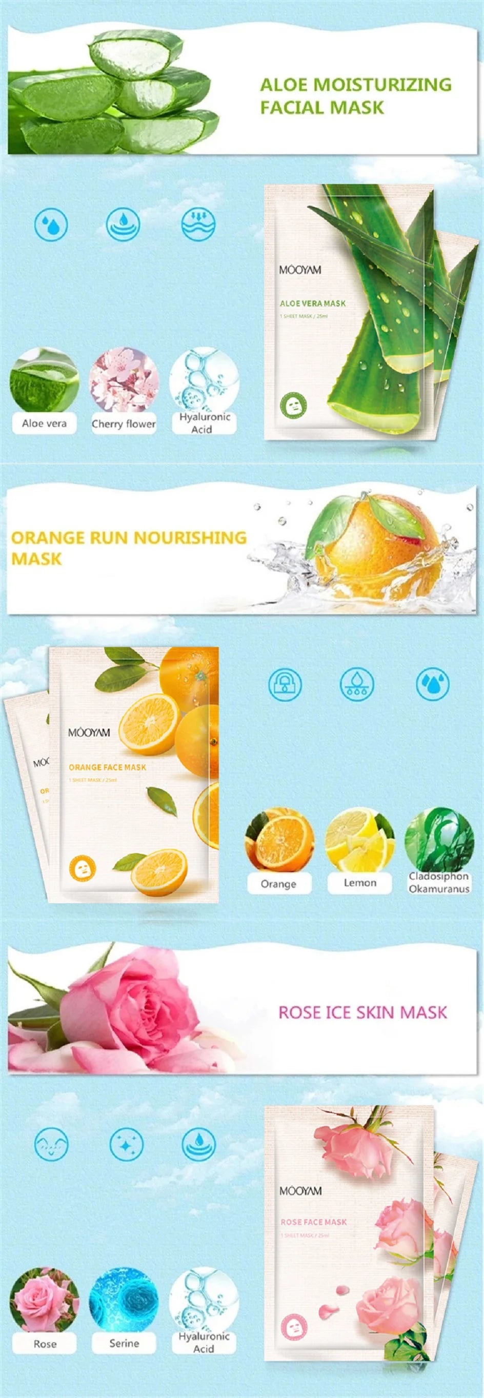 10pcs Fruit Plant Facial Mask Korean Skincare Product Moisturizing Hydrating Face Natural Fruit Plant Facial Sheet Mask
