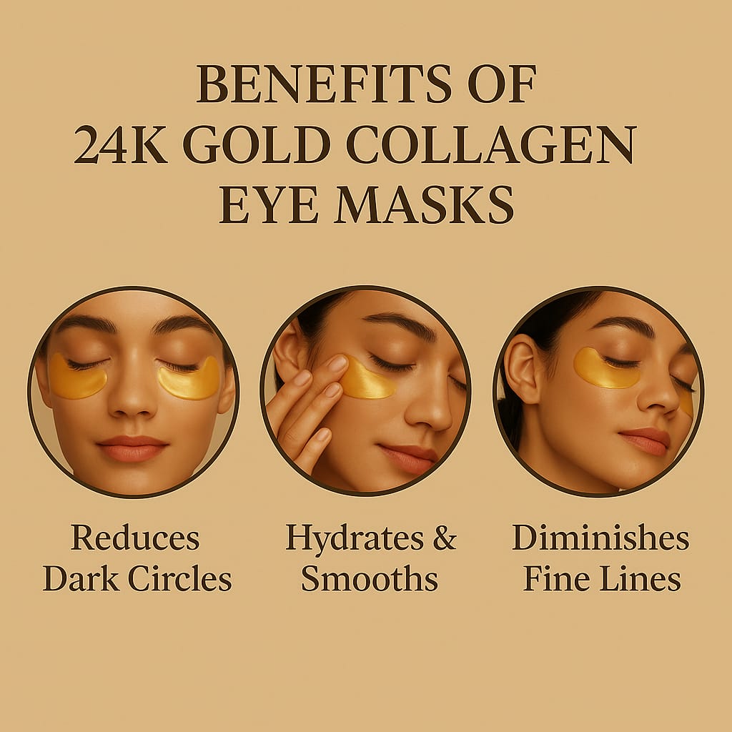 Benefits of 24K Gold Collagen Eye Masks with images and text on a beige background