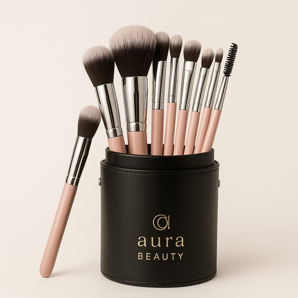 Makeup Brush Set with Leather Holder – 12pcs Professional Synthetic Brushes | Aura Beauty