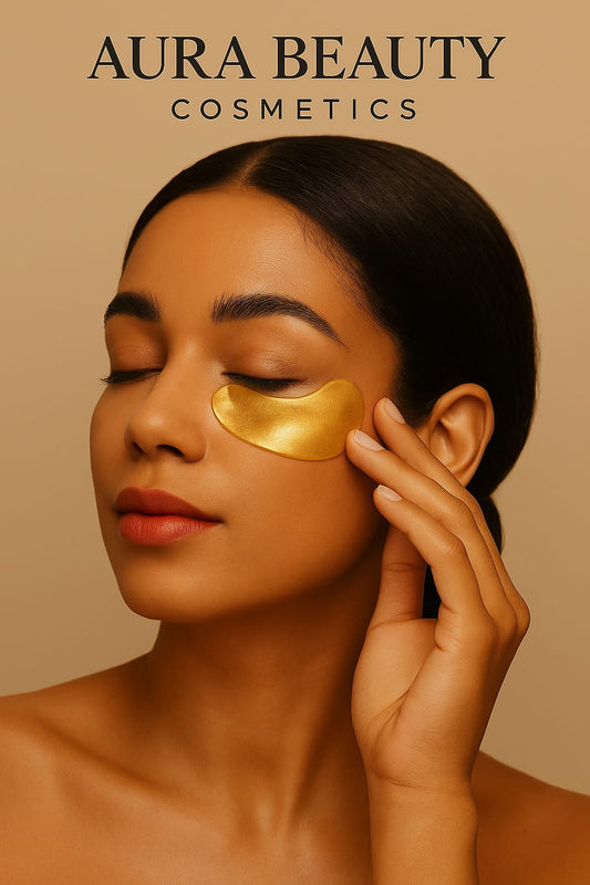 Woman applying gold eye patch with 'Aura Beauty Cosmetics' branding on a beige background