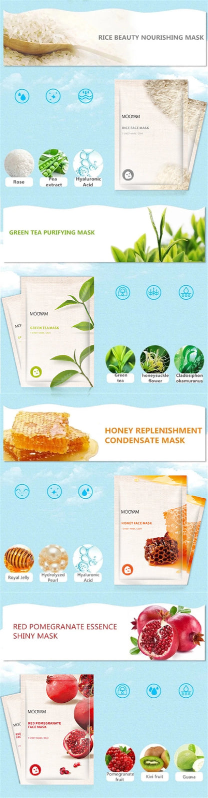 10pcs Fruit Plant Facial Mask Korean Skincare Product Moisturizing Hydrating Face Natural Fruit Plant Facial Sheet Mask