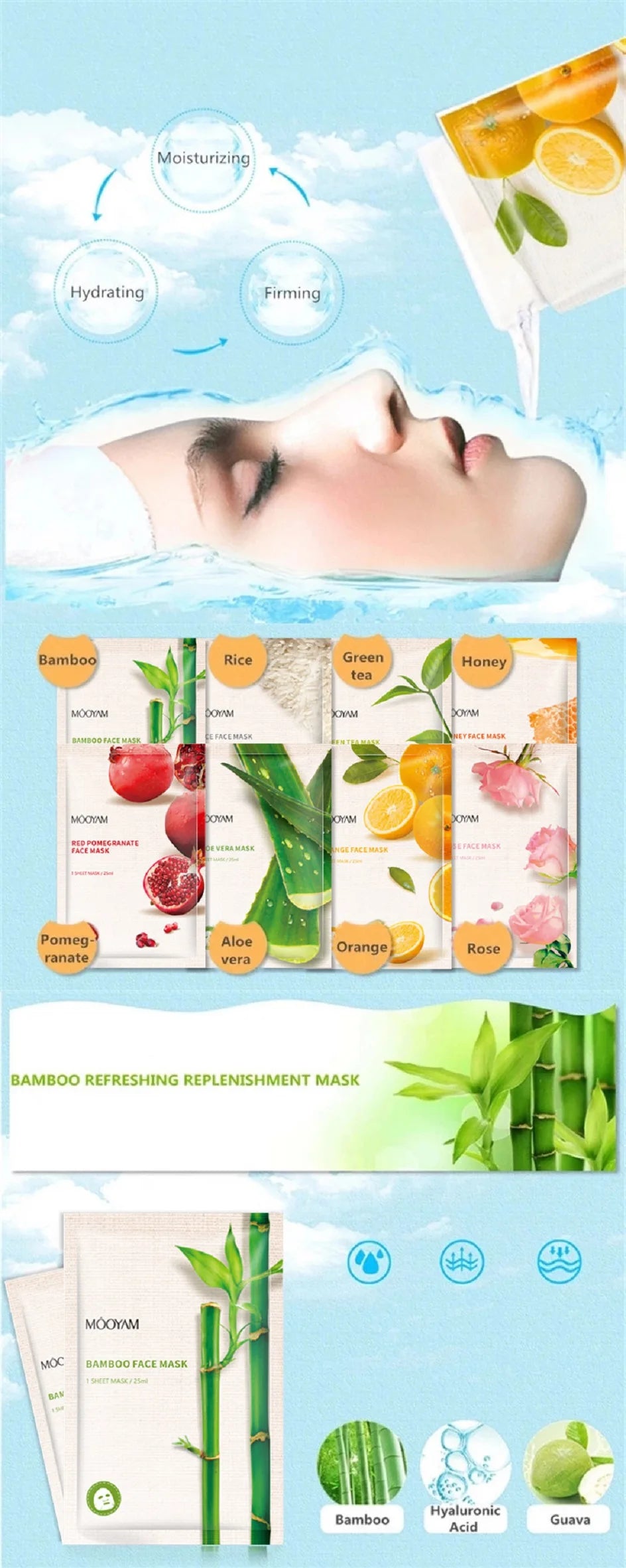 10pcs Fruit Plant Facial Mask Korean Skincare Product Moisturizing Hydrating Face Natural Fruit Plant Facial Sheet Mask