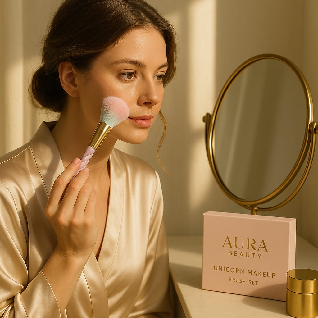 Unicorn makeup brush set with 'Aura Beauty' packaging on a beige surface