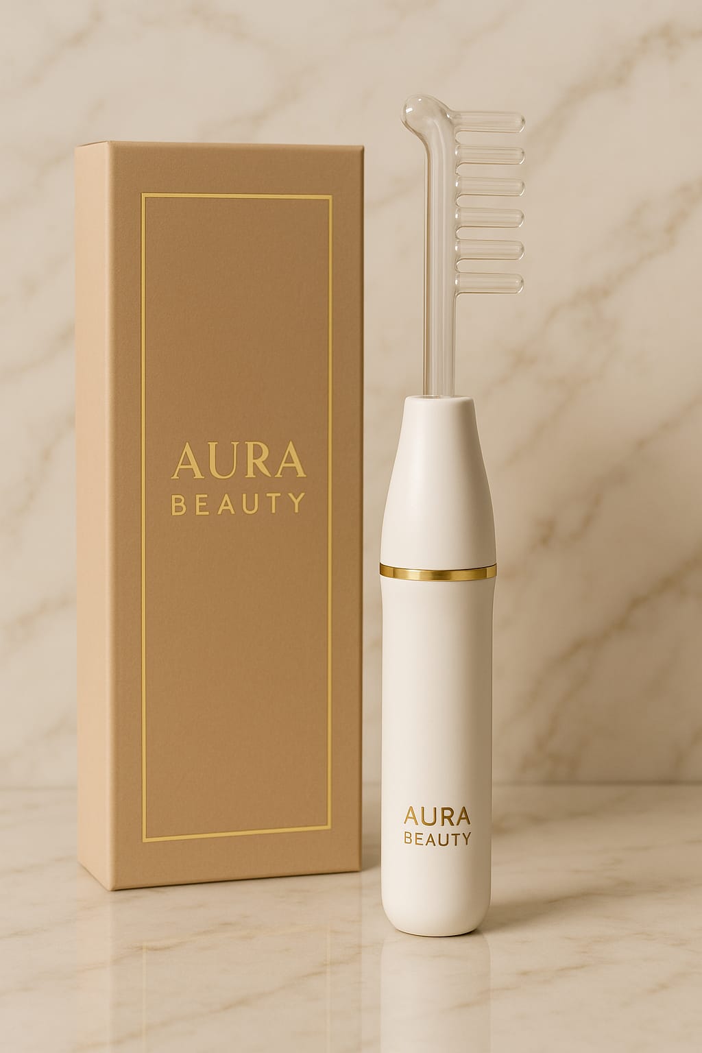 Aura Beauty High-Frequency Facial Wand with four glowing blue electrode attachments displayed on white marble background — luxury skincare device.