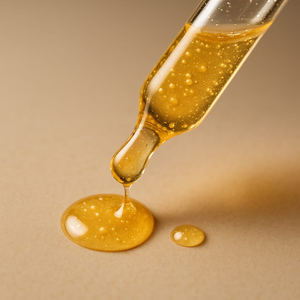 Gold-colored liquid being dripped from a dropper onto a beige surface