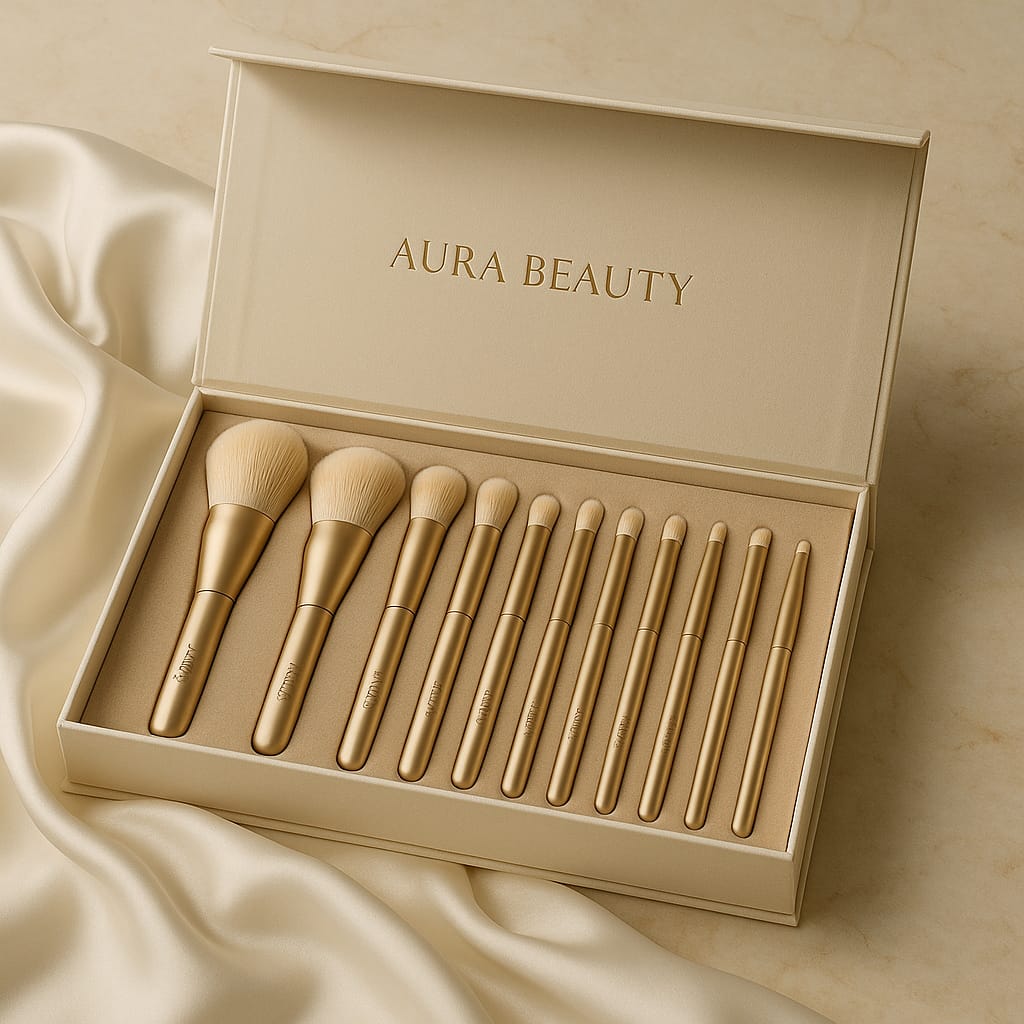 Set of gold makeup brushes in a 'Aura Beauty' box on a beige fabric background