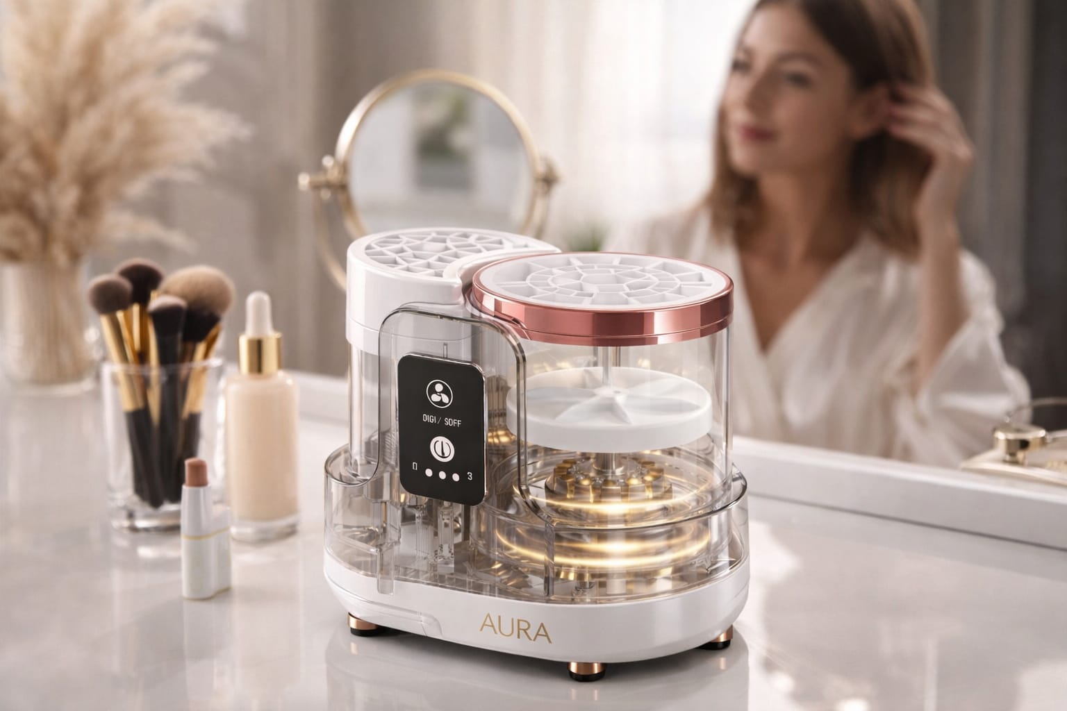 Makeup brush cleaning and drying device