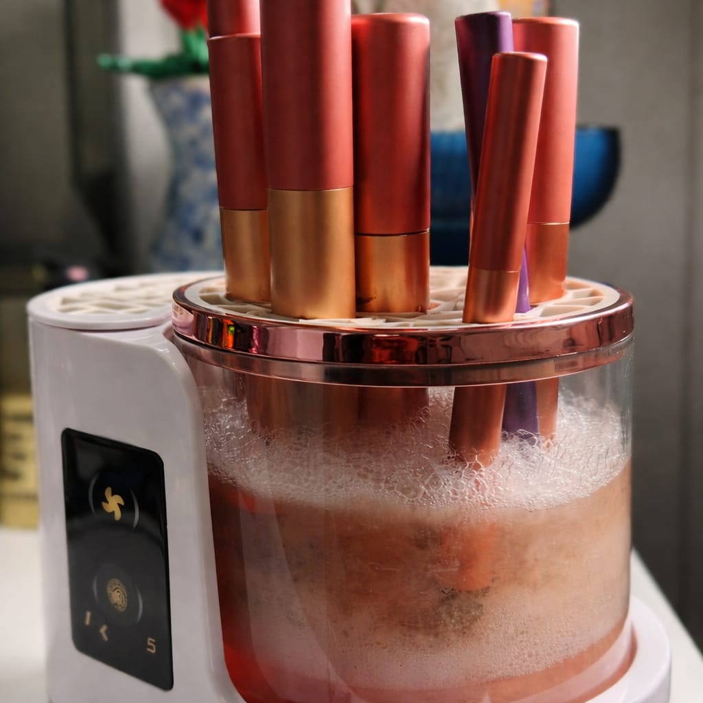 Makeup brush cleaning and drying device