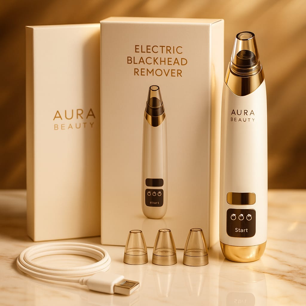 Aura Beauty electric blackhead remover with packaging and attachments on a wooden surface.