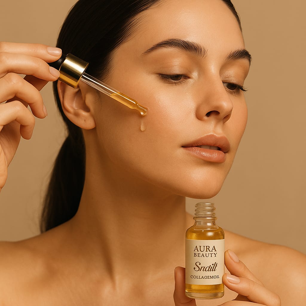 Woman applying Aura Beauty oil dropper to her face with a bottle of Aura Beauty oil in hand.