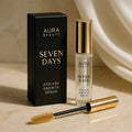Aura Beauty Seven Days Eyelash Growth Serum with packaging and applicator on a neutral background