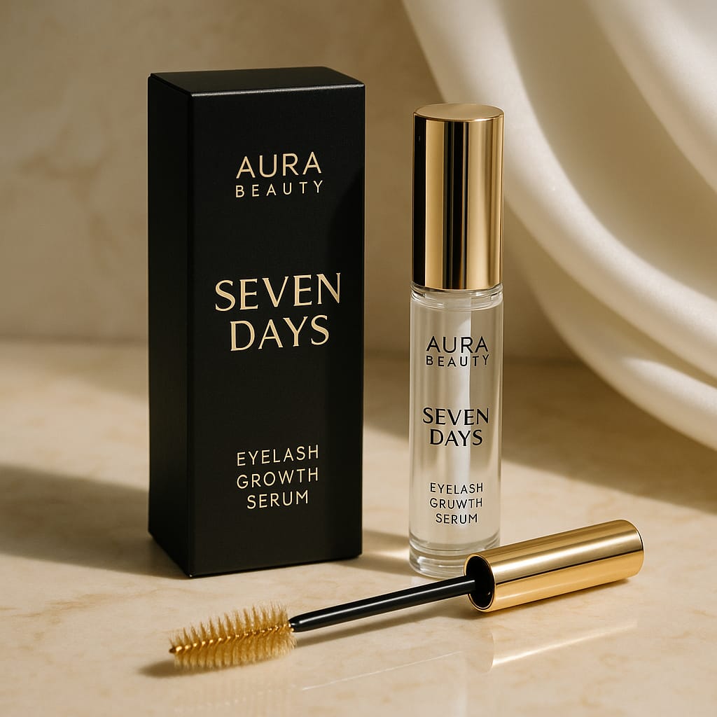 Aura Beauty Seven Days Eyelash Growth Serum with packaging and applicator on a neutral background